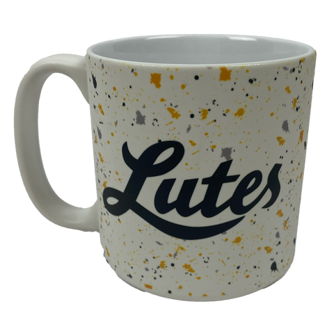 White Splatter Mug with Cursive Lutes 20oz