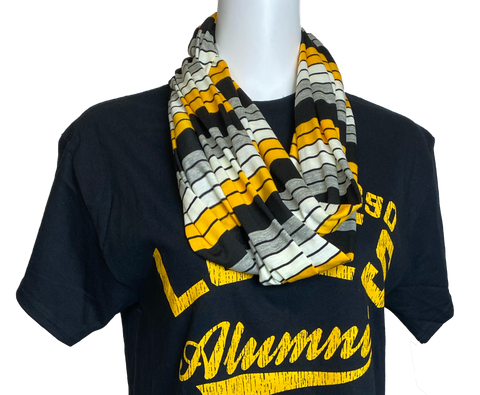 Jersey Stripe Infinity Scarf. An infinity circle scarf with gold, yellow, and black lines on it.