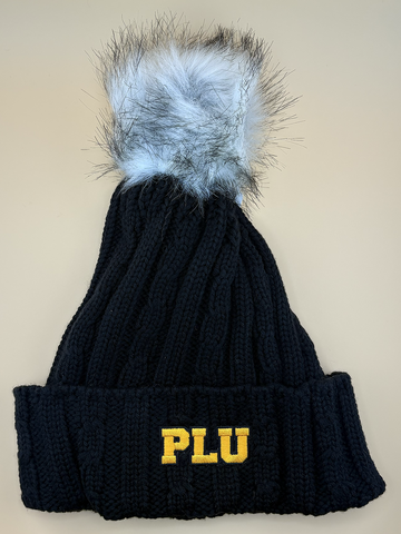 LOGOFIT Black Cable-Knit Beanie with Gold PLU and Silver Pom