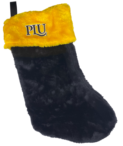 black furry christmas stocking with a gold foldover cuff and the PLU 'supportive L' logo in black