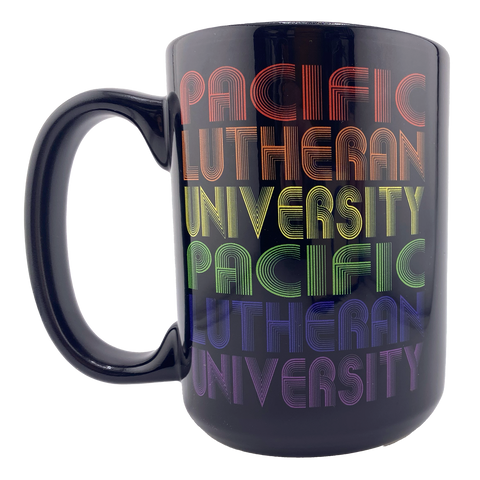 Black mug with Pacific Lutheran University in Rainbow colors on the front and back.