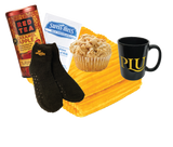 SAS Cozy, yellow fuzzy blanket, muffin, PLU mug, hot cocoa packet, The Republic of Tea can, fuzzy socks