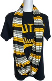 Jersey Stripe Infinity Scarf. An infinity circle scarf with gold, yellow, and black lines on it.