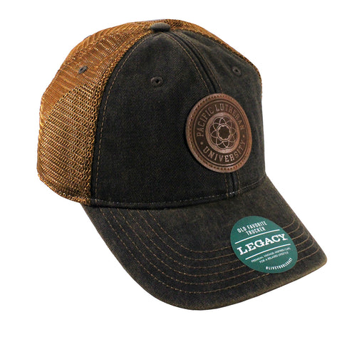 BLACK/COPPER TRUCKER HAT WITH LEATHER ROSE WINDOW SEAL