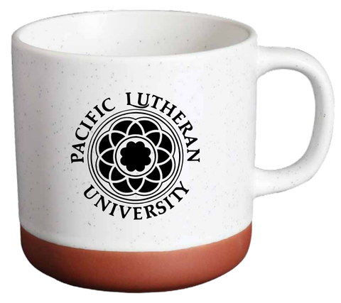13oz WHITE SPECKLED COFFEE MUG WITH BLACK ROSE WINDOW AND STONE BASE