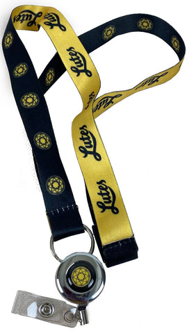 BLACK AND GOLD LANYARD WITH ROSE WINDOW , LUTES & BADGE REEL